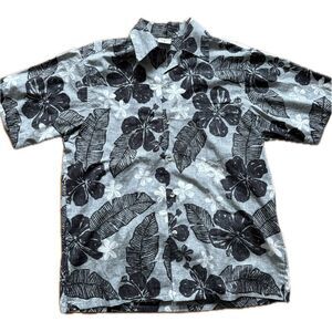 Go Barefoot Textured Hibiscus Hawaiian Shirt Men’s Size M Grey and Black